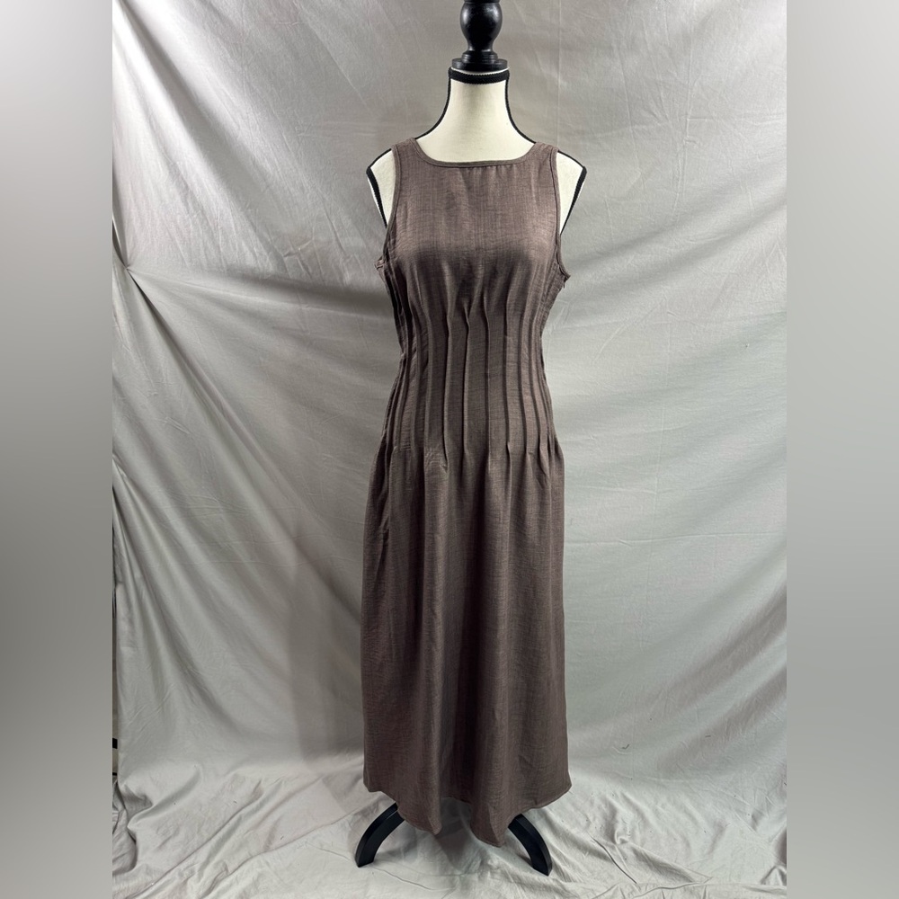 Pleated Waist Minimalist Maxi Dress Brown - Picture 6 of 8